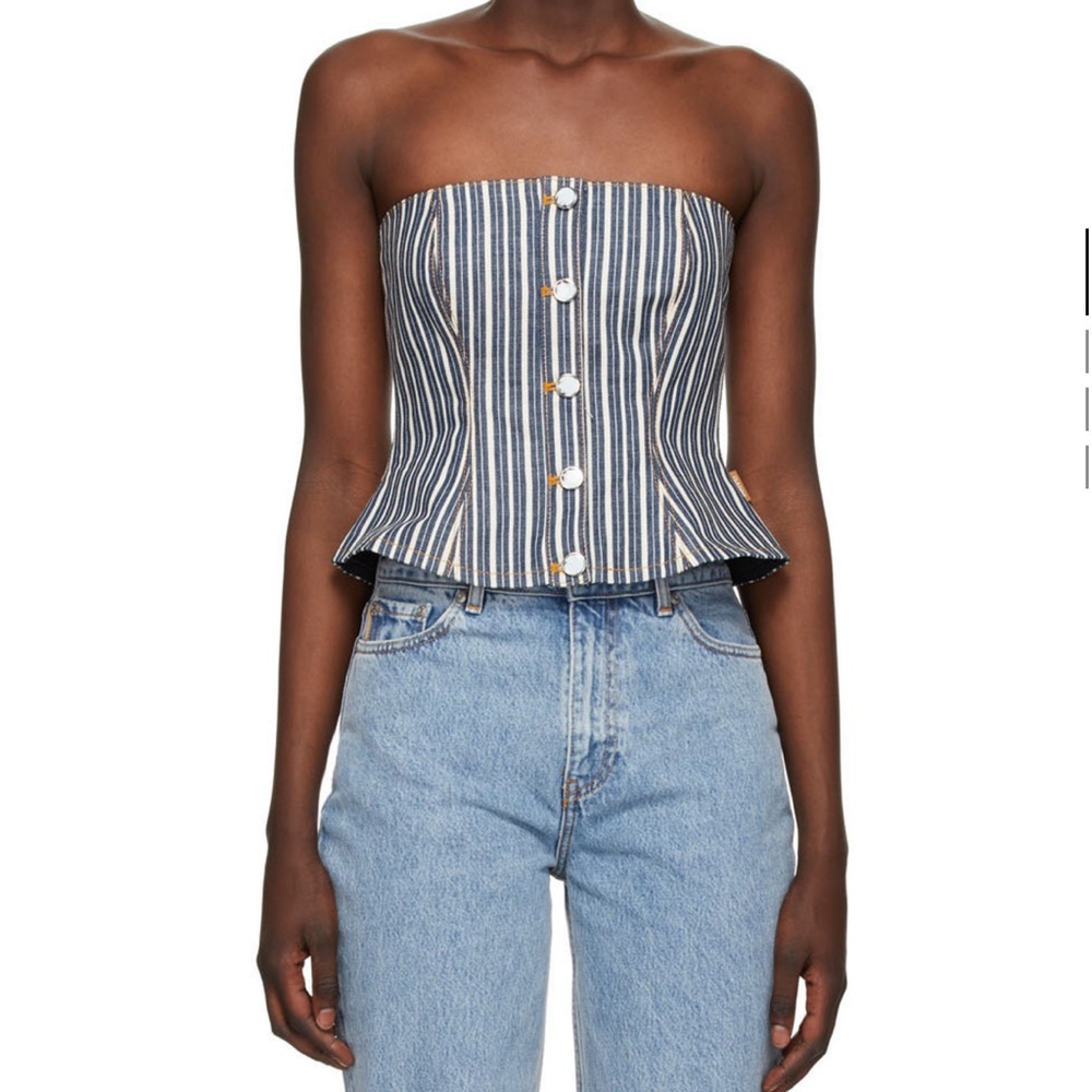 GANNI Indigo & White Denim Mixed Stripe Camisole Bustier top.